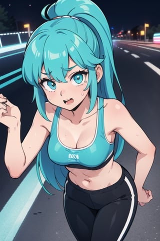 A 17-year-old girl standing in a neon street, wearing sports-bra and sweatpants, (rainbow hair), cyan hair, long hair, perspective, sexy, thights, legs, dancing