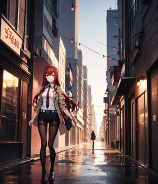 8k, high resolution, 1girl, on roof at dawn, wallpaper, city landscape, ((Mature woman)), Makise Kurisu, Steins Gate, medium red hair, black shorts, khaki jacket, long red tie, black panty, black pantyhose, perspective, long hair, long legs, blue hair