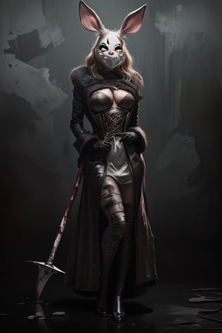 A tall, beautiful Russian woman with long flowing hair, standing powerfully while holding a large axe. She is wearing fur clothes and has ample cleavage. She has a cute bunny mask covering her face. Photorealistic portrait painting, Extreme close-up in dramatic perspective of a terrifying rabbit mask. Made of leather and fabric in dark brown tones, with stains of wear and scratches that give it a sinister look. Completely black and inexpressive eyes sewn onto the mask. Pointy plastic nose. An exaggerated long smile full of sharp, bloody metallic teeth. Fake white fur whiskers around the mouth. Cheeks sewn together with rough skin patches. Big droopy rabbit ears on each side, also stained and torn. It conveys an incredibly macabre and frightening feeling. Dramatically lit with strong contrasts in reddish tones.,