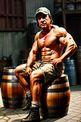 Chavito sitting on a barrel, a photorealistic painting by Bob Byerley, cgsociety, photorealism, playstation 5 screenshot, physically based rendering, diorama, Chavito,Chavito,Sexy Muscular, big muscles, shirtless