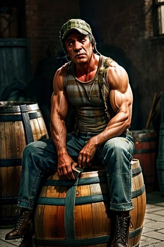 Chavito sitting on a barrel, a photorealistic painting by Bob Byerley, cgsociety, photorealism, playstation 5 screenshot, physically based rendering, diorama, Chavito,Chavito,Sexy Muscular, big muscles, shirtless