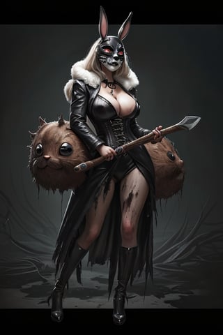 A tall, beautiful Russian woman with long flowing hair, standing powerfully while holding a large axe. She is wearing fur clothes and has ample cleavage. She has a cute bunny mask covering her face. Photorealistic portrait painting, Extreme close-up in dramatic perspective of a terrifying rabbit mask. Made of leather and fabric in dark brown tones, with stains of wear and scratches that give it a sinister look. Completely black and inexpressive eyes sewn onto the mask. Pointy plastic nose. An exaggerated long smile full of sharp, bloody metallic teeth. Fake white fur whiskers around the mouth. Cheeks sewn together with rough skin patches. Big droopy rabbit ears on each side, also stained and torn. It conveys an incredibly macabre and frightening feeling. Dramatically lit with strong contrasts in reddish tones.,