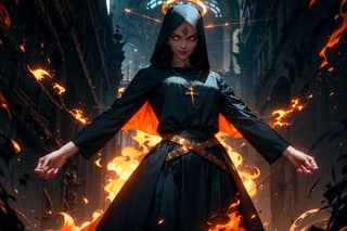 1 girl. beautiful, athletic, long black nun outfit, hooded, silk cloth around chest, long skirt, ((golden cross necklace)), pale skin, short hair, braided, burning orange demon eyes, runny makeup, runny mascara, evil smile, praying, black halo, volumetric lighting, best quality, masterpiece, realistic, perfect hands,r1ge, abyss in backround, Devil standing behind her