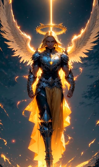 1girl, beautiful aasimar, 30 Years, small breast, paladin platearmor, arrogant glowing yellow eyes, dominant face, blonde long hair, braided, 6 huge transparent glowing celestial wings, (6 huge glowing celestial wings), fantasy town outdoors, athletic, halo, muscular, volumetric lighting, best quality, masterpiece, realistic,r1ge