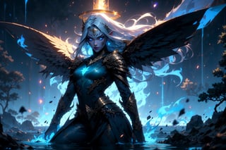 1girl, full body, blue beautiful merfolk, blue, sharkfin, gills, small chest, ((golden metal breastplate)), blue cloth, glowing blue eyes, long silver hair, corals in hair, lightblue skin, facial mark on forehead, fantasy river with reed and big violet trees on the side, athletic, volumetric lighting, best quality, masterpiece, realistic, (blue fire), blue flames, blue glowing lighting celestial wings, blue halo, pointed_ears, fantasy River landscape