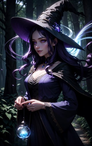 1girl, adult (elven:0.7) woman, purple eyes, dark violet sleek hair, portrait, looking down, solo, (full body:0.6), detailed background,  light smile, witch hat, witch, magical atmosphere, hair flowing in the wind, blue trimmed dark colored clothes,  colorful  glowing magic weaves in the air, swirling portal, dark magic, (style-swirlmagic:0.8), floating particles, rustic forest hut background,  backlighting, 
