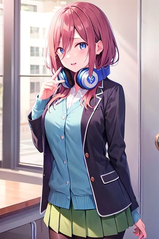 masterpiece, best quality, highres, nm1, headphones around neck, school uniform, long sleeves, blue cardigan, green skirt, pantyhose, black jacket, open jacket, , cowboy shot, standing,