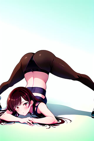 Mizuhara Chizuru, long hair, brown hair, bangs, blush, brown eyes

1girl, solo, looking at viewer, full body, ass, meme, top-down bottom-up, leggings, flexible, jack-o' challenge, hands on ground, spread legs

