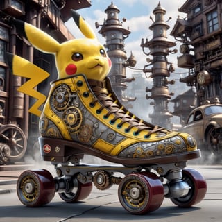 Pikachu themed roller skate, on the street, highly detailed, intricate details, photorealistic, cyborg style, Movie Still, steampunk style