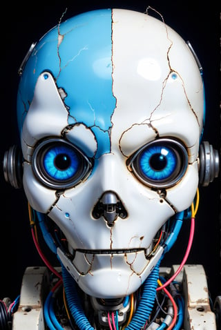 A heavily scarred and dented robot head, one eye milky white and the other glowing a vibrant blue. Wires peek out from cracks in its aged armor plating.