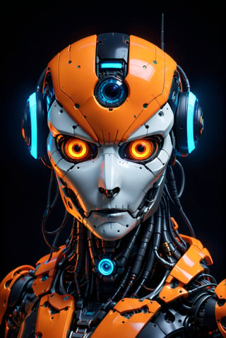 4K resalotion , (masterpiece), ,viewed_from_front  ,  perfect    ,mecha  neon glowing orange robot head ,  1    round robot ,  robot,biomichanical animal ,mechanical creature,sensors on face,, ,
 , highly detaild    ,(  detaild artificial face ), front view, dark colours  , Gothic , highly detaild , ,, facing the viewer ,   (led display ) ,close-up, detaild eyes , ,   simple background ,, realistic   ,more detail XL 