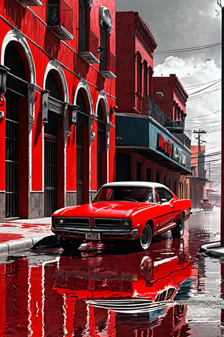 Un auto deportivo rojo,el suelo húmedo detrás de varios edificios antiguos., Como las películas de Mexicanas,photorealistic,carla