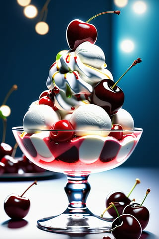 ice cream sundae, delicious, glistening, cherries, marshmallows, highly detailed, octane render