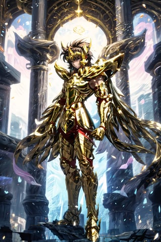 absurdres, highres, ultra detailed,Insane detail in face,  (boy:1.3), Gold Saint, Saint Seiya Style, Gold Armor, Full body armor, no helmet, Zodiac Knights, white long cape, brown hair, Asian Fighting style pose,Pokemon Gotcha Style, gold gloves, long hair, long white cape, messy_hair,  Gold eyes, black pants under armor, full body armor, beautiful old greek temple in the background, beautiful fields, full leg armor, ultrainstinct,FUJI,midjourney, battle_stance