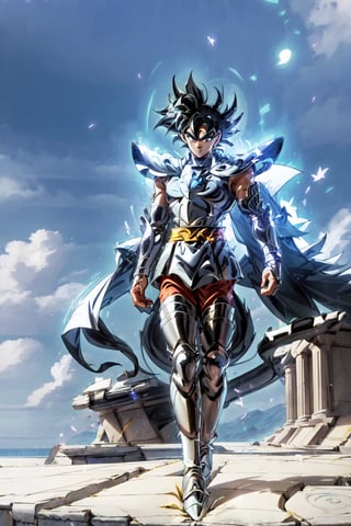 absurdres, highres, ultra detailed,Insane detail in face,  (boy:1.3), Gold Saint, Saint Seiya Style, (((Gold Armor))), Full body armor, no helmet, Zodiac Knights, (((white long cape))), black hair, Asian Fighting style pose,Pokemon Gotcha Style, gold gloves, long hair, long white cape, messy_hair, black eyes, black pants under armor, full body armor, beautiful old greek temple in the background, beautiful fields, full leg armor,FUJI,midjourney, battle_stance,son goku,ultrainstinct