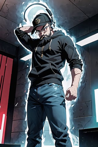 dbsuper style,extreme detail, cinematic light, beautiful image,  black shirt, snikers, 1boy, ((full beard)), glasses, tall, jeans, dark grey hair, big headphones, military green long sleeve hoodie, slighty_chubby
,ultrainstinct, black hat