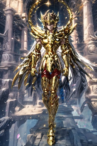 absurdres, highres, ultra detailed,Insane detail in face,  (boy:1.3), Gold Saint, Saint Seiya Style, Gold Armor, Full body armor, no helmet, Zodiac Knights, white long cape, brown hair, Asian Fighting style pose,Pokemon Gotcha Style, gold gloves, long hair, long white cape, messy_hair,  Gold eyes, black pants under armor, full body armor, beautiful old greek temple in the background, beautiful fields, full leg armor, ultrainstinct,FUJI,midjourney