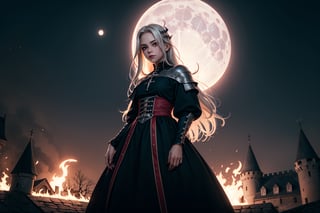 art paint of a young girl, evil girl , hair white , long hair, black full eyes, long red and white dress , emotionless, looking at viewer, medieval clothing, posing, high angle, castle background (con una luna de sangre de fondo), apocalips, fire , ovni, war , 