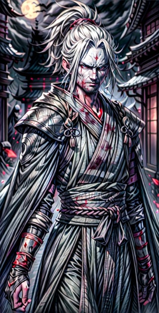  foto galardonada, alta definicion ; 8k , cgi; cuerpo completo, hombre fuerte ; ojos penetrantes ( amarillos completos ) , shinobi (sekiro nioh ), pantalon negro , armadura de brazo, coraza, armadura de cadera , black_yukata, pelo ( largo, liso, blanco) , 
fondo  de aura oscura (blood borne) ; (noche) calle antigua , luces rojas ,perfecteyes,drow (orejas normales)