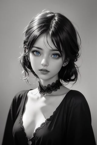 (masterpiece), 1 woman, 20 years old, gothic, blue eyes, beauty, posing, black and white, low saturation, aperture: 1.7, iso: 0.3, soft colors, high contrast, (hyperrealistic textures), good anatomy,