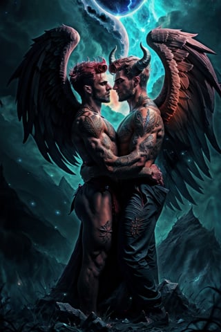 masterpiece,  bestquality,  photorealistic,  two muscular men embracing in each other arms,  (muscular male incubus with dark red horns),  (celestial god-like male angel with breathtaking angel wings),  beautiful contrasting,  intricate details,  good and evil,  demon versus angel,  light and dark,  fantasy characters,  homoerotic,  gay love,  dark romantic fantasy,  twilight atmospheric glow, man, handsome men, tattoos, fantasy00d, Portrait,
