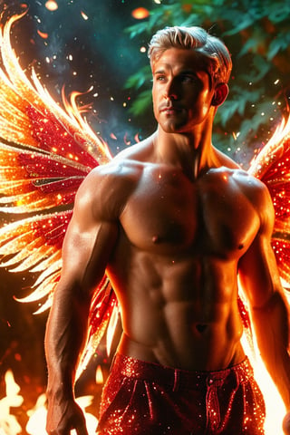 (photorealistic, masterpiece:1.5), best quality, beautiful lighting, realistic, real image, intricate details, depth of field, full body shot,1man, male focus, solo, extremely handsome, muscular, bara, male underwear, underwear bulge, muscular man, (male fairy), (bright red flaming fairy wings), abs, nipples, pectorals, (big beautiful burning red fairy wings), flexing, topless male, navel, short firey  colored hair, large pectorals, male, biceps, fiery garden, embers everywhere, exterior, stomach, anatomically correct, realistic fire, flaming hot body, beautiful ethereal lighting, photorealistic (medium), 8k uhd, film grain, ((bokeh)), Cinematic Shot,DonMF41ryW1ng5XL,Mxl,glitter,Movie Still,fire element