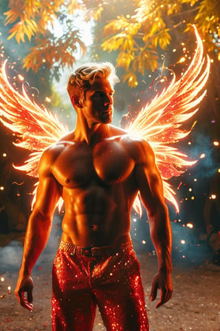 (photorealistic, masterpiece:1.5), best quality, beautiful lighting, realistic, real image, intricate details, depth of field, full body shot,1man, male focus, solo, extremely handsome, muscular, bara, male underwear, underwear bulge, muscular man, (male fairy), (bright red flaming fairy wings), abs, nipples, pectorals, (big beautiful burning red fairy wings), flexing, topless male, navel, short firey  colored hair, large pectorals, male, biceps, fiery garden, embers everywhere, exterior, stomach, anatomically correct, realistic fire, flaming hot body, beautiful ethereal lighting, photorealistic (medium), 8k uhd, film grain, ((bokeh)), Cinematic Shot,DonMF41ryW1ng5XL,Mxl,glitter,Movie Still,fire element