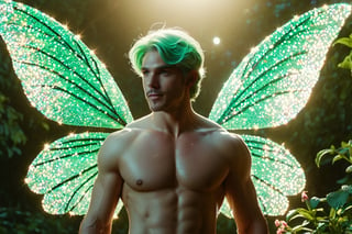 (photorealistic, masterpiece:1.5), best quality, beautiful lighting, realistic, real image, intricate details, depth of field, full body shot,1man, male focus, solo, extremely handsome, muscular, bara, male underwear, underwear bulge, muscular man, (male fairy), (glowing mint-green fairy wings), abs, nipples, pectorals, facial hair, (big beautiful mint-green fairy wings), flexing, topless male, navel, short mint colored hair, large pectorals, male, biceps, flower garden, exterior, stomach, anatomically correct, realistic, beautiful ethereal lighting, photorealistic (medium), 8k uhd, film grain, ((bokeh)), Cinematic Shot,DonMF41ryW1ng5XL,Mxl,glitter,Movie Still