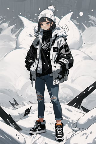  beizu style, Girl, winter, stylish jacket, knitted hat, jeans, sneakers, it's snowing