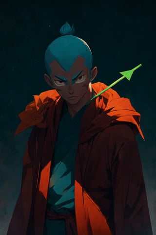 Avatar Aang, bald head wearing a blue arrow, orange robe