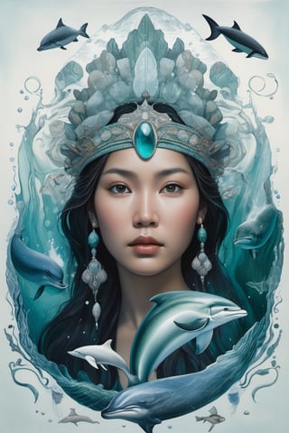 Detailed and realistic portrait of the Goddess Sedna, an Inuit traditional clothes, a central figure in Inuit mythology, looking in front of the camera, reflecting her role as the goddess of the sea and marine life. The image is to show Sedna at the bottom of the ocean, surrounded by sea creatures such as whales, seals and fish, symbolizing her control over marine resources. Sedna must be represented as an Inuit woman, with authentic features and traditional clothing adorned with fur and Inuit details. Her hair should blend into the surrounding waters, and her hands should hold a sea comb, symbolizing her ability to control marine life. The seabed should be picturesque, with cold tones that reflect the arctic environment. Lighting should highlight the beauty and mystery of the deep ocean. The color palette should include shades of blue, green and white to convey the feeling of being underwater. The image must be high resolution and have a realistic style that honors the rich Inuit mythology and their relationship with the sea. 