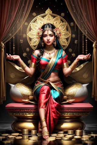 Waist high Portrait of a indian goddes Lakshmi, the embodiment of prosperity, serenely seated on a giant lotus, draped in a radiant red saree. The scene beautifully emphasizes her graceful facial expression, with her eyes wide open, detailed symmetric hazel eyes with circular iris, exuding compassion and divine wisdom. The image meticulously captures the delicate folds of her full saree and the serene ambiance around her. An array of golden coins adorns the scene, symbolizing her bestowal of wealth upon her devotees. surrounded by a shower of golden coins and banknotes. Four arms with a lotus in hands. She is sitting on a giant lotus flower with cross-folded legs- realistic, stunning realistic photograph, 3d render, octane render, intricately detailed, cinematic, trending on artstation, Isometric, Centered hipereallistic cover photo, awesome full color, hand drawn, dark, gritty, mucha, klimt, erte 12k, high definition, cinematic, neoprene, behance contest winner, portrait featured