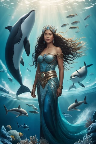 Detailed and realistic portrait of the Goddess Sedna, an Inuit traditional clothes, a central figure in Inuit mythology, looking in front of the camera, reflecting her role as the goddess of the sea and marine life. The image is to show Sedna at the bottom of the ocean, surrounded by sea creatures such as whales, seals and fish, symbolizing her control over marine resources. Sedna must be represented as an Inuit woman, with authentic features and traditional clothing adorned with fur and Inuit details. Her hair should blend into the surrounding waters, and her hands should hold a sea comb, symbolizing her ability to control marine life. The seabed should be picturesque, with cold tones that reflect the arctic environment. Lighting should highlight the beauty and mystery of the deep ocean. The color palette should include shades of blue, green and white to convey the feeling of being underwater. The image must be high resolution and have a realistic style that honors the rich Inuit mythology and their relationship with the sea. 