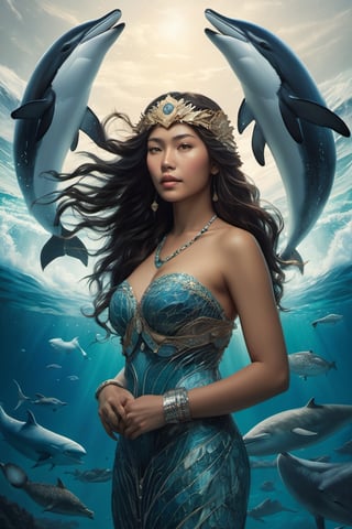 Detailed and realistic portrait of the Goddess Sedna, an Inuit traditional clothes, a central figure in Inuit mythology, looking in front of the camera, reflecting her role as the goddess of the sea and marine life. The image is to show Sedna at the bottom of the ocean, surrounded by sea creatures such as whales, seals and fish, symbolizing her control over marine resources. Sedna must be represented as an Inuit woman, with authentic features and traditional clothing adorned with fur and Inuit details. Her hair should blend into the surrounding waters, and her hands should hold a sea comb, symbolizing her ability to control marine life. The seabed should be picturesque, with cold tones that reflect the arctic environment. Lighting should highlight the beauty and mystery of the deep ocean. The color palette should include shades of blue, green and white to convey the feeling of being underwater. The image must be high resolution and have a realistic style that honors the rich Inuit mythology and their relationship with the sea. 