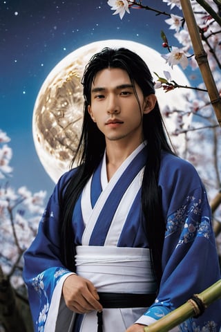 God Tsukuyomi, (japanese god, man, male, handsome man, a male god), a 39 year old man:2.0, traditional japanese man with long hair, (((a man:2.0))), ((god of the moon)), beautiful man, with a serene face, Japanese anime-type features, (straight black Japanese-type hair), (black hair), white skin, fine features, black eyes with round pupils, ((Front posture looking at the camera)), (((long hair, black hair, straight hair, japanese hair))). Traditional costume of the Japanese god Tsukuyomi, colorful, white, blue, silver, violet, gold. In the background, a ((mythical Japanese setting)), (((cherry trees, bamboo, a mythical and traditional Japanese forest))), ((a Japanese temple of the god Tsukuyomi)), ((in the night sky a full moon:2.0)), white and bright, with white and blue neon lights. Bamboo in some areas of the image, (((a mythical Japanese setting:2.0))), full color. With a lot of detail. realistic, stunning realistic photograph, gentle sunlight, stunning realistic photograph, 3d render, octane render, intricately detailed, cinematic, trending on artstation, Isometric, Centered hyper ealistic cover photo, awesome full color, hand drawn, dark, gritty, mucha, klimt , erte 128k, high definition, cinematic, neoprene, be chance contest winner, portrait featured on unsplash, stylized digital art, smooth, ultra high definition ,The most modern camera today fujifilm gfx 100s, 84k, unreal engine 5, ultra sharp focus, intricate artwork masterpiece, ominous, epic, TanvirTamim, trending on artstation, by artgerm, giger and beksinski, highly detailed, vibrant.