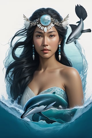 Detailed and realistic portrait of the Goddess Sedna, an Inuit traditional clothes, a central figure in Inuit mythology, looking in front of the camera, reflecting her role as the goddess of the sea and marine life. The image is to show Sedna at the bottom of the ocean, surrounded by sea creatures such as whales, seals and fish, symbolizing her control over marine resources. Sedna must be represented as an Inuit woman, with authentic features and traditional clothing adorned with fur and Inuit details. Her hair should blend into the surrounding waters, and her hands should hold a sea comb, symbolizing her ability to control marine life. The seabed should be picturesque, with cold tones that reflect the arctic environment. Lighting should highlight the beauty and mystery of the deep ocean. The color palette should include shades of blue, green and white to convey the feeling of being underwater. The image must be high resolution and have a realistic style that honors the rich Inuit mythology and their relationship with the sea. 