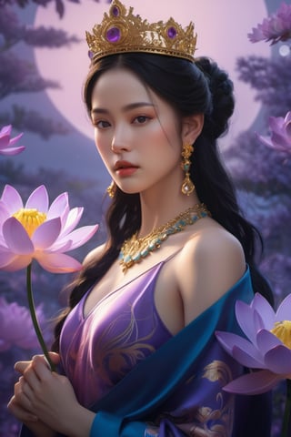 Waist high Portrait of an exotic beautiful of Goddess Kwain Yin, beautiful, in full color, hyperdetailed, hyperrealistic, 4K, in the background a bright light that indicates divinity, with a crown that has a Buddha as a diadem. Her arms hold auspicious objects, such as a lotus flower, willow branch, or rosary. In the background a huge tree and purple and lilac clouds realistic, stunning realistic photograph, gentle sunlight, stunning realistic photograph, 3d render, octane render, intricately detailed, cinematic, trending on artstation , Isometric, Centered hyper ealistic cover photo, awesome full color, hand drawn, dark, gritty, mucha, klimt , erte 128k, high definition, cinematic, neoprene, be chance contest winner, portrait featured on unsplash, stylized digital art, smooth, ultra high definition ,The most modern camera today fujifilm gfx 100s, 84k, unreal engine 5, ultra sharp focus, intricate artwork masterpiece, ominous, epic, TanvirTamim, trending on artstation, by artgerm, giger and beksinski, highly detailed, vibrant