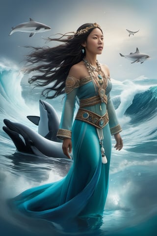 Detailed and realistic portrait of the Goddess Sedna, an Inuit traditional clothes, a central figure in Inuit mythology, looking in front of the camera, reflecting her role as the goddess of the sea and marine life. The image is to show Sedna at the bottom of the ocean, surrounded by sea creatures such as whales, seals and fish, symbolizing her control over marine resources. Sedna must be represented as an Inuit woman, with authentic features and traditional clothing adorned with fur and Inuit details. Her hair should blend into the surrounding waters, and her hands should hold a sea comb, symbolizing her ability to control marine life. The seabed should be picturesque, with cold tones that reflect the arctic environment. Lighting should highlight the beauty and mystery of the deep ocean. The color palette should include shades of blue, green and white to convey the feeling of being underwater. The image must be high resolution and have a realistic style that honors the rich Inuit mythology and their relationship with the sea. 