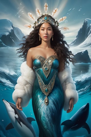 Detailed and realistic depiction of the Goddess Sedna, an Inuit traditional clothes, a central figure in Inuit mythology, reflecting her role as the goddess of the sea and marine life. The image is to show Sedna at the bottom of the ocean, surrounded by sea creatures such as whales, seals and fish, symbolizing her control over marine resources. Sedna must be represented as an Inuit woman, with authentic features and traditional clothing adorned with fur and Inuit details. Her hair should blend into the surrounding waters, and her hands should hold a sea comb, symbolizing her ability to control marine life. The seabed should be picturesque, with cold tones that reflect the arctic environment. Lighting should highlight the beauty and mystery of the deep ocean. The color palette should include shades of blue, green and white to convey the feeling of being underwater. The image must be high resolution and have a realistic style that honors the rich Inuit mythology and their relationship with the sea. 