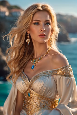 Waist high Portrait of an exotic beautiful of Goddess Venus, with (((50 years old))), beautiful, with her ((golden hair)), blue eyes, flushed skin, with a sensual and gentle gesture, with a subtle smile, gold jewelry, her gold belt. in the background the sea, in some ancient Greek coasts, sunny and beautiful, with a lot of detail. realistic, stunning realistic photograph, gentle sunlight, stunning realistic photograph, 3d render, octane render, intricately detailed, cinematic, trending on artstation , Isometric, Centered hyper ealistic cover photo, awesome full color, hand drawn, dark, gritty, mucha, klimt , erte 128k, high definition, cinematic, neoprene, be chance contest winner, portrait featured on unsplash, stylized digital art, smooth, ultra high definition ,The most modern camera today fujifilm gfx 100s, 84k, unreal engine 5, ultra sharp focus, intricate artwork masterpiece, ominous, epic, TanvirTamim, trending on artstation, by artgerm, giger and beksinski, highly detailed, vibrant