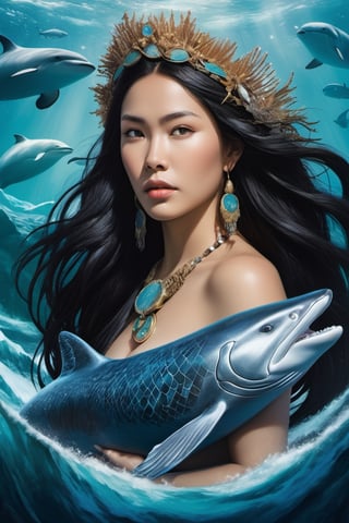 Detailed and realistic portrait of the Goddess Sedna, an Inuit traditional clothes, a central figure in Inuit mythology, looking in front of the camera, reflecting her role as the goddess of the sea and marine life. The image is to show Sedna at the bottom of the ocean, surrounded by sea creatures such as whales, seals and fish, symbolizing her control over marine resources. Sedna must be represented as an Inuit woman, with authentic features and traditional clothing adorned with fur and Inuit details. Her hair should blend into the surrounding waters, and her hands should hold a sea comb, symbolizing her ability to control marine life. The seabed should be picturesque, with cold tones that reflect the arctic environment. Lighting should highlight the beauty and mystery of the deep ocean. The color palette should include shades of blue, green and white to convey the feeling of being underwater. The image must be high resolution and have a realistic style that honors the rich Inuit mythology and their relationship with the sea. 