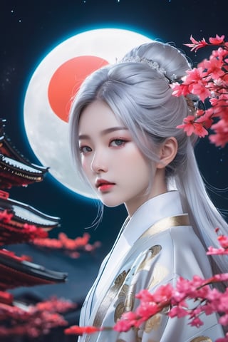 God Tsukuyomi, ((a man:2.0)), ((god of the moon)), beautiful man, with a serene face, Japanese anime-type features, (straight black Japanese-type hair), (black hair), white skin, fine features, black eyes with round pupils. ((Traditional costume of the Japanese god Tsukuyomi)), colorful, white, blue, silver, violet, gold. In the background, a ((mythical Japanese setting)), a ((Japanese temple of the god Tsukuyomi)), ((in the night sky a full moon:2.0)), white and bright, with white and blue neon lights. Bamboo in some areas of the image, (((a mythical Japanese setting:2.0))), full color. With a lot of detail. realistic, stunning realistic photograph, gentle sunlight, stunning realistic photograph, 3d render, octane render, intricately detailed, cinematic, trending on artstation, Isometric, Centered hyper ealistic cover photo, awesome full color, hand drawn, dark, gritty, mucha, klimt , erte 128k, high definition, cinematic, neoprene, be chance contest winner, portrait featured on unsplash, stylized digital art, smooth, ultra high definition ,The most modern camera today fujifilm gfx 100s, 84k, unreal engine 5, ultra sharp focus, intricate artwork masterpiece, ominous, epic, TanvirTamim, trending on artstation, by artgerm, giger and beksinski, highly detailed, vibrant.