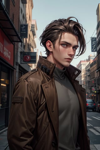 (hdr:1.2), (cinematic:1.2), stoic young adult male, grey eyes, dark brown hair, short slicked back hairstyle, donned in a brown coat with a grey shirt tucked underneath, tall building, crowded street, (dark theme), (lean body), (graphic:high), (resolution: high), (eye detail: high), (hair detail: high), 