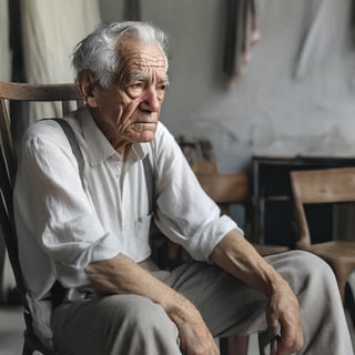 Portrait, Old man, weathered skin, grey_hair, seated, two chairs, hands clasped, interlocked fingers, deep wrinkles, empty room, sad eyes, white dress shirt, grey pants, suspenders