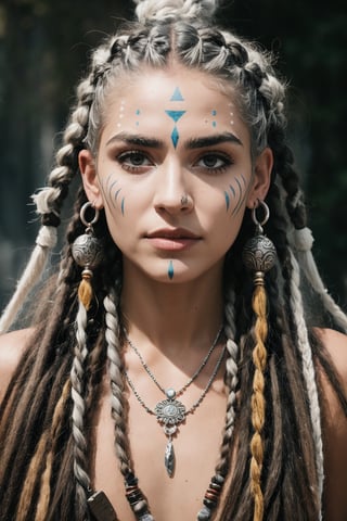 RAW photo, beautiful female warrior with grey hair, dreadlocks, shaman necklaces, with white face paint, (high detailed skin: 1.2), 8K, UHD, DSLR, soft lighting, high quality, film grain,FUJI