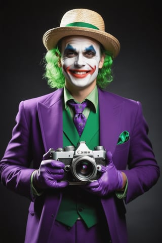 RAW photo, upper_body, closeup, solo, the joker wearing a (purple jacket: 1.3), green collar and lapels and (a straw hat: 1.3), (holding a vintage canon camera with a green strap around the neck: 1.3), (purple gloves: 1.3), white nose, curly green hair, The lighting is soft and comes from the left, creating a soft shadow on the right side of the face, The lens is an 85mm telephoto lens with an aperture of f/2.8, The exposure time is 1/125 seconds, The sensitivity of the sensor is 200 ISO, standing, looking at viewer, full smile, crazy smiling, open mouth, showing teeth, simple black background, moody, epic, gorgeous, film grain, grainy,