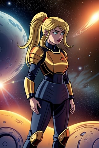 vintage cartoon style, retro artstyle, samus aran, ponytail, blonde hair, blue eyes, (orange space battle armor: 1.6), (standing: 1.3), abandoned planet in the background, deep green fog in the atmosphere,<lora:659111690174031528:1.0>