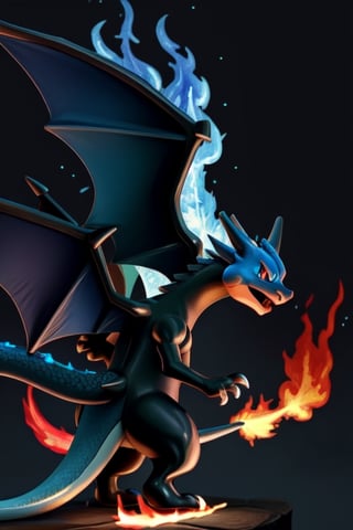 (best quality: 1.2), (masterpiece: 1.2), (realistic: 1.2), Mega_Charizard_X_Pokemon, (black skin, (blue fire)), flame-tipped tail, dragon tail, two wings, looking at viewer, smiling, cute big circular reflective eyes, (caricature: 0.2), on eye level, scenic, masterpiece