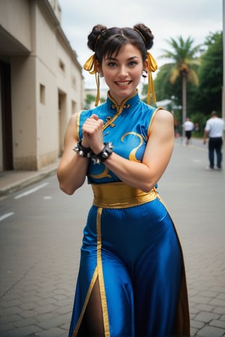 score_9,score_8_up,score_7_up, analog photo, 1woman, asian, street_fighter, chun-li, brown_hair, brown_eyes, double bun, qipao, spiked bracelet, pantyhose, face focus, smile, palm-fist greeting, fighting stance, comic-con in the background, indoors, rating_questionable, 100Memories