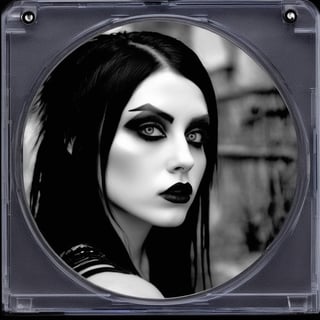 product photo cd,  cover art of a goth girl with black hair, heavy eye makeup, black and white photo with blue